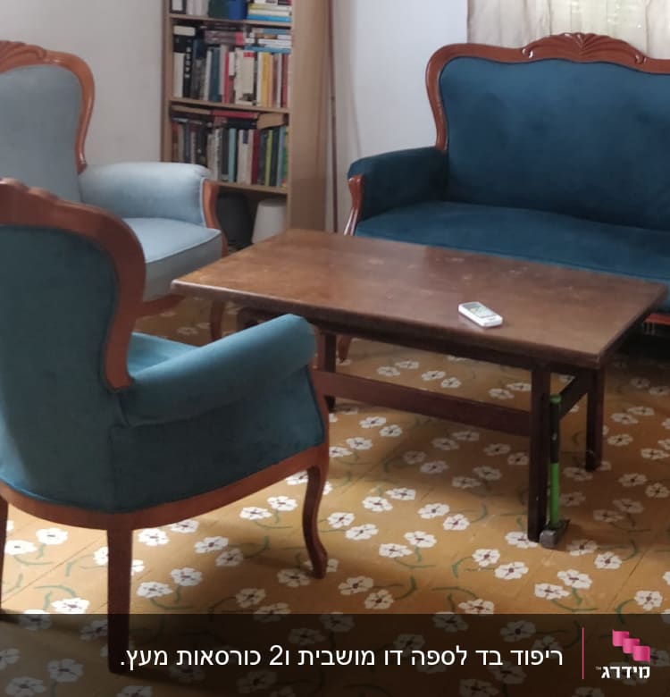 ספות מרופדות בצבע כחול עם מסגרת עץ